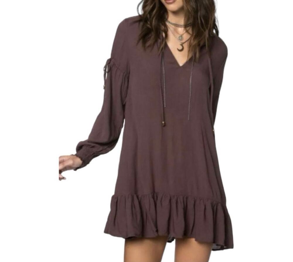 O'Neill Pluto Womens Small Huckleberry Boho Tunic Dress Tie Sleeve Ruffle Mini